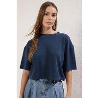 WOVCOR Women's Relaxed Fit Crew Neck Short Sleeve Crop Top in Navy | Size: Small