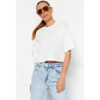 WOVCOR Women's Relaxed Fit Crew Neck Crop T-Shirt in Ecru | Size: Small