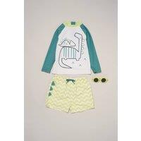 Little Gent Boy's Dinosaur Long Sleeve Swim Top, Shorts & Sunglasses Swimwear Set in Green | Size: 3 Years