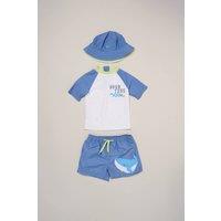 Little Gent Boy's Whale Swim Top, Shorts & Bucket Hat Swimwear Set in Mid Blue | Size: 7 Years