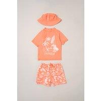 Little Gent Boy's Toucan Paradise Swim Top, Shorts & Bucket Hat Swimwear Set in Orange | Size: 5 Years