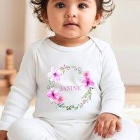 Aye Do Gifts Girl's Personalised Pink Flower Wreath Baby Outfit - Baby Grow in White | Size: 6-12 m