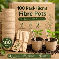 Green Thumbz 100 Pack 8cm Biodegradable Seedling Pots for Herbs Flowers Plants in Brown