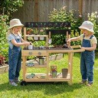 CASART Kids Toy Kitchen Wooden Play Kitchen w/Planter Cups& Sink& Chalkboards in Natural