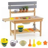 CASART Kids Toy Kitchen Wooden Play Kitchen w/Planter Cups& Sink& Chalkboards in Natural