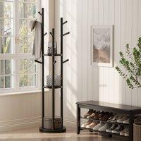 YQJJGL Freestanding Solid Wood Coat Rack with 3 Storage Shelves & Hooks Clothes Rack Garment Rack in Black