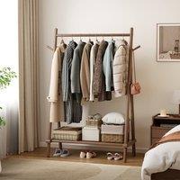 YQJJGL Stylish Mobile Rolling Clothes Rack With Hanging Rod Storage Shelves Garment Rack Coat Rack Solid Wood in Walnut