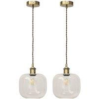 First Choice Lighting Set of 2 Bletch - Clear Glass Antique Brass Retro Pendant Fittings