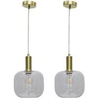 First Choice Lighting Set of 2 Bletch - Clear Glass Satin Brass Deco Pendant Fittings