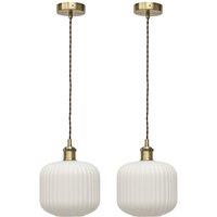 First Choice Lighting Set of 2 Bento - White Ribbed Glass Antique Brass Retro Pendants