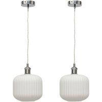 First Choice Lighting Set of 2 Bento - White Ribbed Glass Chrome Retro Pendant Fittings
