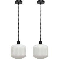First Choice Lighting Set of 2 Bento - White Ribbed Glass Black Retro Pendant Fittings