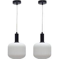 First Choice Lighting Set of 2 Bento - White Ribbed Glass Black Deco Pendant Fittings