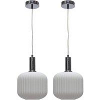 First Choice Lighting Set of 2 Bento - White Ribbed Glass Chrome Deco Pendant Fittings