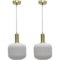 First Choice Lighting Set of 2 Bento - White Ribbed Glass Satin Brass Deco Pendant Fittings