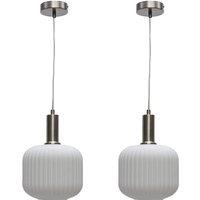 First Choice Lighting Set of 2 Bento - White Ribbed Glass Satin Nickel Deco Pendant Fittings