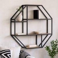 Wyld Haus El Paso Octagonal Wall Shelf, Matte Black Steel Frame with 4 Wild Oak-Effect Shelves in Natural