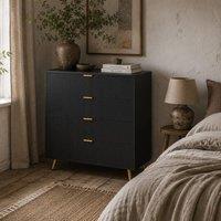 Wyld Haus Disu Black 4 Drawer Bedside Table with Ridged Fronts & Gold Handles