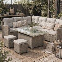 Wyld Haus Fiva 8 Seater L Shaped Faux Rattan Outdoor Sofa Set Fire Pit Table in Light Brown