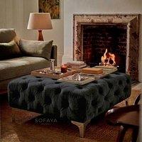 Sofaya Monaco Chesterfield Velvet Foot Stool, Deep Buttoned Coffee Table in Black | Size: 100 cm x 80 cm