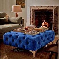 Sofaya Monaco Chesterfield Velvet Foot Stool, Deep Buttoned Coffee Table in Blue | Size: 100 cm x 80 cm