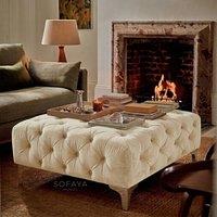 Sofaya Monaco Chesterfield Velvet Foot Stool, Deep Buttoned Coffee Table in Cream | Size: 100 cm x 80 cm