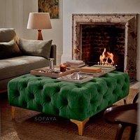 Sofaya Monaco Chesterfield Velvet Foot Stool, Deep Buttoned Coffee Table in Green | Size: 100 cm x 80 cm