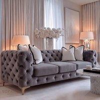 Sofaya Monaco Chesterfield Velvet Cushions Sofa Set 3+2 Seater Couch in Grey | Size: 4 Person