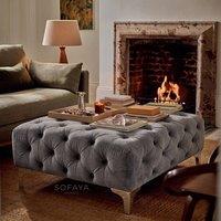 Sofaya Monaco Chesterfield Velvet Foot Stool, Deep Buttoned Coffee Table in Grey | Size: 100 cm x 80 cm