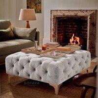 Sofaya Monaco Chesterfield Velvet Foot Stool, Deep Buttoned Coffee Table in Light Grey | Size: 100 cm x 80 cm