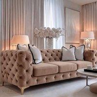Sofaya Monaco Chesterfield Velvet Cushions Sofa Set 3+2 Seater Couch in Light Brown | Size: 4 Person
