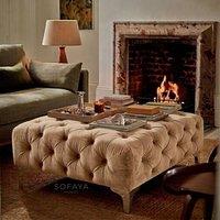 Sofaya Monaco Chesterfield Velvet Foot Stool, Deep Buttoned Coffee Table in Light Brown | Size: 100 cm x 80 cm