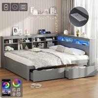 BTM 4ft6 Double Daybed Storage Drawers LED USB Charging Wood Bed in Grey