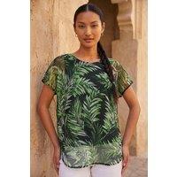 Roman Women's Palm Print Mesh Overlay Top in Green | Size: 10