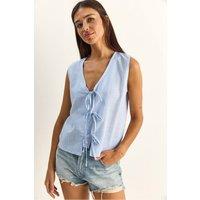 Bianco Lucci Women's Striped V-Neck Blouse with Tie Detail in Baby Blue | Size: Medium