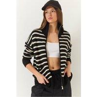 Bianco Lucci Women's Striped Zip-Up Knitwear Cardigan with Pockets in Black