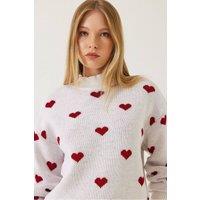 Bianco Lucci Women's Heart Pattern Crew Neck Relaxed Fit Sweater in White