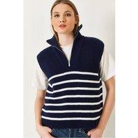 Bianco Lucci Women's Striped Knitwear Sweater Vest with Zipper Collar