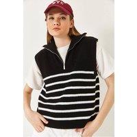 Bianco Lucci Women's Striped Knitwear Sweater Vest with Zipper Collar in Black