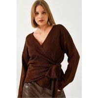 Bianco Lucci Women's V-Neck Knit Cardigan with Tie Closure in Brown