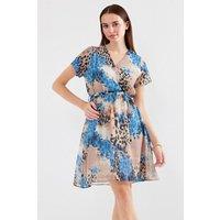 Big Dart Women's V-Neck Belted Mini Tea Dress in Mid Blue | Size: Medium