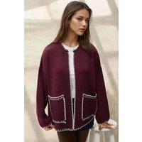 Hiccup Women's Stitch Detailed Long Knit Cardigan in Burgundy | Size: Large