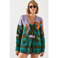 Bianco Lucci Women's Long Thick Jacquard Cardigan with Button Closure