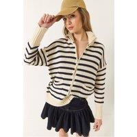 Bianco Lucci Women's Striped Zip-Up Knitwear Cardigan with Pockets in Cream