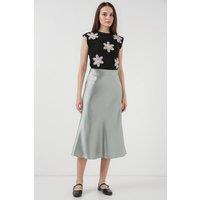 Big Dart Women's High-Waist Satin A-Line Midi Skirt in Pale Green | Size: Large