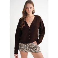 MixRay Women's Textured V-Neck Button Cardigan in Dark Brown