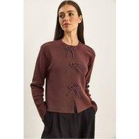 Bianco Lucci Women's Crew Neck Knit Cardigan with Bow Detail in Burgundy