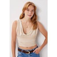 Happiness Istanbul Women's Sleeveless V-Neck Drape Crop Blouse in Cream | Size: Medium