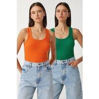 Happiness Istanbul Women's Fitted U Collar Knitted 2- Pack Tank Top in Orange | Size: Medium