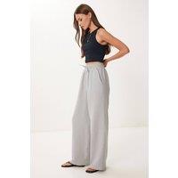 Happiness Istanbul Women's Wide Leg Drawstring Waist Pants with Binding Detail in Light Grey | Size: Small